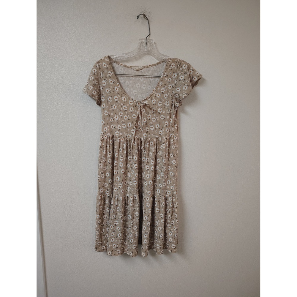 See You Monday Tan Floral Daisy Tiered Mini Dress Short Sleeve Ribbed Small